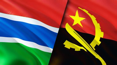 Gambiya ve Angola bayrakları. 3 boyutlu dalgalanan bayrak tasarımı. Gambiya Angola bayrağı, resim, duvar kağıdı. Gambiya, Angola 'ya karşı, görüntü 3 boyutlu. Gambiya Angola ilişkileri ittifak ve ticaret, seyahat, turizm konsepti