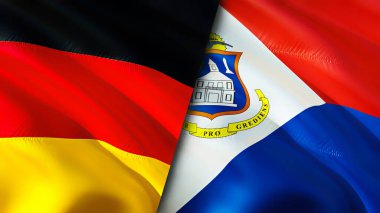 Almanya ve Sint Maarten bayrakları. 3 boyutlu dalgalanan bayrak tasarımı. Almanya Sint Maarten bayrağı, resim, duvar kağıdı. Almanya, Sint Maarten 'a karşı 3 boyutlu görüntü. Almanya Sint Maarten ilişkiler ittifakı
