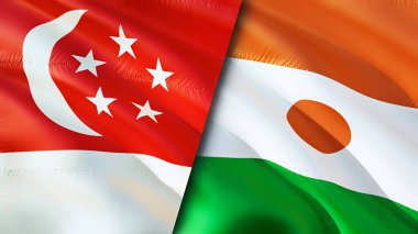 Singapur ve Nijer bayrakları. 3 boyutlu dalgalanan bayrak tasarımı. Singapur Nijer bayrağı, resim, duvar kağıdı. Singapur, Nijer imajına karşı, 3 boyutlu canlandırma. Singapur Nijer ilişkileri ittifak ve ticaret, seyahat, turizm konsepti