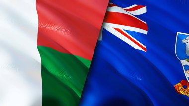 Madagaskar ve Falkland Adaları bayrakları. 3 boyutlu dalgalanan bayrak tasarımı. Madagaskar Falkland Adaları bayrağı, resim, duvar kağıdı. Madagaskar, Falkland Adaları 'na karşı. Görüntü 3D. Madagaskar Falkland Adası