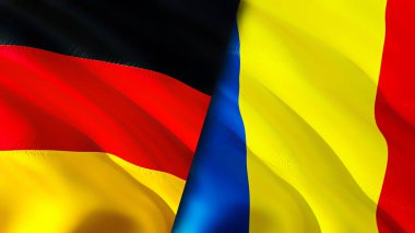 Almanya ve Romanya bayrakları. 3 boyutlu dalgalanan bayrak tasarımı. Almanya bayrağı, resim, duvar kağıdı. Almanya Romanya 'ya karşı, görüntü 3 boyutlu. Almanya Romanya ile ilişkiler ittifak ve ticaret, seyahat ve turizm kavramları