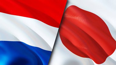 Hollanda ve Japonya bayrakları. 3 boyutlu dalgalanan bayrak tasarımı. Hollanda bayrağı, resim, duvar kağıdı. Hollanda, Japonya 'nın imajına karşı, 3D görüntüleme. Hollanda Japonya ilişkileri ittifak ve ticaret, seyahat, turnuva