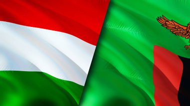 Macaristan ve Zambiya bayrakları. 3 boyutlu dalgalanan bayrak tasarımı. Macaristan Zambiya bayrağı, resim, duvar kağıdı. Macaristan, Zambiya 'ya karşı, görüntü 3 boyutlu. Macaristan Zambiya ilişkileri ittifak ve ticaret, seyahat, turizm konsepti