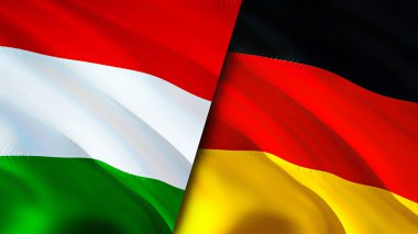 Macaristan ve Almanya bayrakları. 3 boyutlu dalgalanan bayrak tasarımı. Macaristan bayrağı, resim, duvar kağıdı. Macaristan Almanya 'ya karşı, görüntü 3D. Macaristan Almanya ilişkileri ittifak ve ticaret, seyahat, turizm konsepti