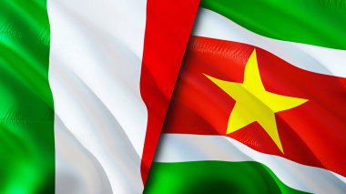 İtalya ve Surinam bayrakları. 3 boyutlu dalgalanan bayrak tasarımı. İtalya Surinam bayrağı, resim, duvar kağıdı. İtalya Surinam 'a karşı, görüntü 3 boyutlu. İtalya Suriname ilişkileri ittifak ve ticaret, seyahat, turizm konsepti