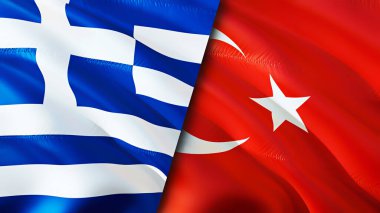 Yunanistan ve Türkiye bayrakları. 3 boyutlu dalgalanan bayrak tasarımı. Yunanistan hindi bayrağı, resim, duvar kağıdı. Yunanistan Türkiye 'ye karşı, görüntü 3D. Yunanistan Türkiye ilişkileri ittifak ve ticaret, seyahat ve turizm kavramları