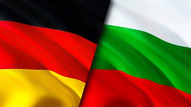 Almanya ve Bulgaristan bayrakları. 3 boyutlu dalgalanan bayrak tasarımı. Almanya Bulgaristan bayrağı, resmi, duvar kağıdı. Almanya, Bulgaristan 'a karşı imaj, 3D görüntüleme. Almanya Bulgaristan ile ilişkiler ittifak ve ticaret, seyahat, turnuva