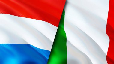 Lüksemburg ve İtalya bayrakları. 3 boyutlu dalgalanan bayrak tasarımı. Lüksemburg İtalya bayrağı, resim, duvar kağıdı. Lüksemburg İtalya 'ya karşı, görüntü 3 boyutlu. Lüksemburg İtalya ilişkileri ittifak ve ticaret, seyahat, turnuva