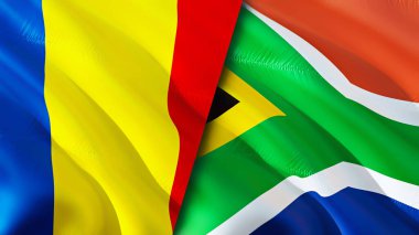 Romanya ve Güney Afrika bayrakları. 3 boyutlu dalgalanan bayrak tasarımı. Romanya Güney Afrika bayrağı, resim, duvar kağıdı. Romanya, Güney Afrika imajına karşı, 3D görüntüleme. Romanya Güney Afrika ilişkileri ittifakı
