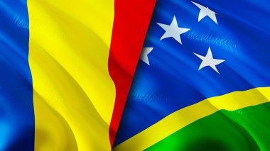 Romanya ve Solomon Adaları bayrakları. 3 boyutlu dalgalanan bayrak tasarımı. Romanya Solomon Adaları bayrağı, resmi, duvar kağıdı. Romanya, Solomon Adaları 'na karşı 3D görüntüsü. Romanya Solomon Adaları ilişkiler ittifakı