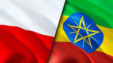 Polonya ve Etiyopya bayrakları. 3 boyutlu dalgalanan bayrak tasarımı. Polonya Etiyopya bayrağı, resim, duvar kağıdı. Polonya Etiyopya 'ya karşı, görüntü 3 boyutlu. Polonya Etiyopya ilişkileri ittifak ve ticaret, seyahat, turizm konsepti