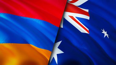 Ermenistan ve Avustralya bayrakları. 3 boyutlu dalgalanan bayrak tasarımı. Ermenistan Avustralya bayrağı, resim, duvar kağıdı. Ermenistan Avustralya 'ya karşı, görüntü 3 boyutlu. Ermenistan Avustralya ilişkileri ittifak ve ticaret, seyahat, turnuva