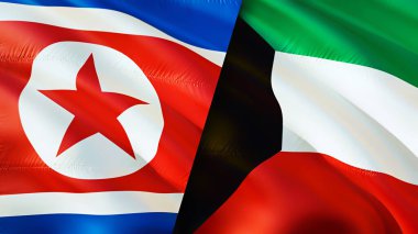 Kuzey Kore ve ABD Kuveyt. 3 boyutlu dalgalanan bayrak tasarımı. Kuzey Kore bayrağı, resim, duvar kağıdı. Kuzey Kore, ABD imajına karşı, 3D görüntüleme. Kuzey Kore ABD ilişkileri ittifak ve ticaret, seyahat, turizm konsepti