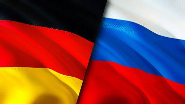 Almanya ve Rusya bayrakları. 3 boyutlu dalgalanan bayrak tasarımı. Almanya Rusya bayrağı, resim, duvar kağıdı. Almanya Rusya 'ya karşı, görüntü 3 boyutlu. Almanya Rusya ile ilişkiler ittifak ve ticaret, seyahat ve turizm kavramları