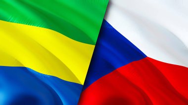 Gabon ve Çek bayrakları. 3 boyutlu dalgalanan bayrak tasarımı. Gabon Çek bayrağı, resim, duvar kağıdı. Gabon, Çek imajına karşı, 3D görüntüleme. Gabon Çek İlişkileri İttifak ve Ticaret, Seyahat, Turizm Konsepti