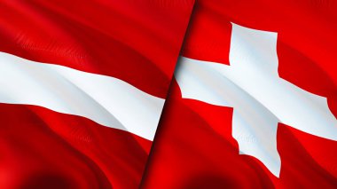 Letonya ve İsviçre bayrakları. 3 boyutlu dalgalanan bayrak tasarımı. Letonya bayrağı, resim, duvar kağıdı. Letonya vs İsviçre görüntüsü, 3D görüntüleme. Letonya ile İsviçre arasındaki ilişkiler