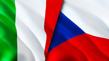 İtalya ve Çek bayrakları. 3 boyutlu dalgalanan bayrak tasarımı. İtalya Çek bayrağı, resim, duvar kağıdı. İtalya, Çek imajına karşı, 3D görüntüleme. İtalya Çek ilişkileri ittifak ve ticaret, seyahat, turizm konsepti