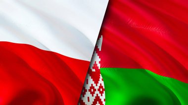 Polonya ve Belarus bayrakları. 3 boyutlu dalgalanan bayrak tasarımı. Polonya Belarus bayrağı, resim, duvar kağıdı. Polonya, Belarus 'a karşı, görüntü 3 boyutlu. Polonya Belarus ilişkileri ittifak ve ticaret, seyahat, turizm konsepti