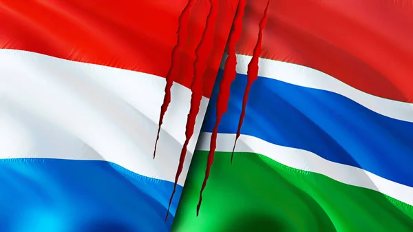Люксембург Гамбія Прапори Схемою Шрамів Прапор Рендеринг Люксембург Гамбія Конфліктують — стокове фото