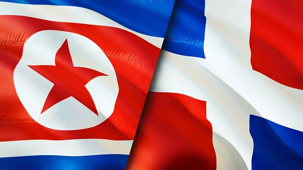 North Korea and Dominican Republic flags. 3D Waving flag design. North Korea Dominican Republic flag, picture, wallpaper. North Korea vs Dominican Republic image,3D rendering. North Korea Dominica