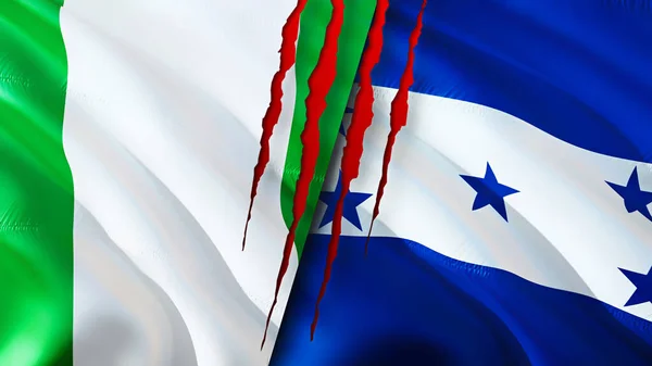 Nigeria and Honduras flags with scar concept. Waving flag,3D rendering. Nigeria and Honduras conflict concept. Nigeria Honduras relations concept. flag of Nigeria and Honduras crisis,war, attac