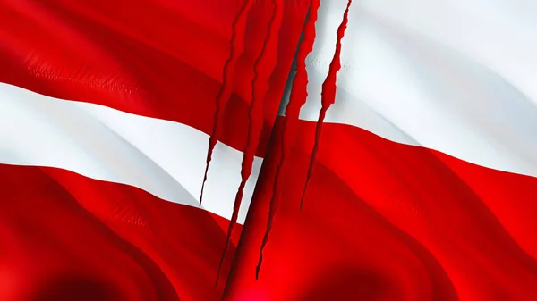 Latvia and Poland flags with scar concept. Waving flag,3D rendering. Latvia and Poland conflict concept. Latvia Poland relations concept. flag of Latvia and Poland crisis,war, attack concep