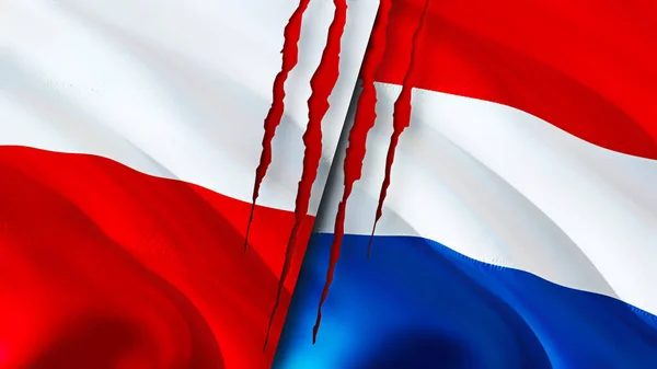폴란드와 네덜란드의 깃발에는 흉터가 웨이브 플래그 렌더링 폴란드와 네덜란드간의 분쟁이다 — 스톡 사진