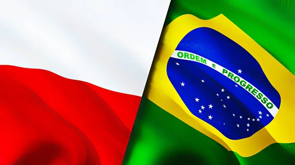 Poland and Brazil flags. 3D Waving flag design. Poland Brazil flag, picture, wallpaper. Poland vs Brazil image,3D rendering. Poland Brazil relations alliance and Trade,travel,tourism concep