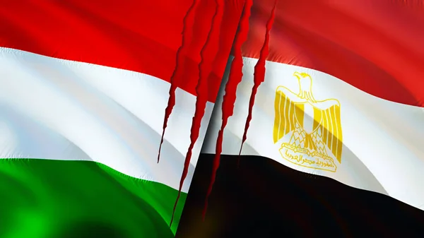 Hungary and Egypt flags with scar concept. Waving flag,3D rendering. Hungary and Egypt conflict concept. Hungary Egypt relations concept. flag of Hungary and Egypt crisis,war, attack concep