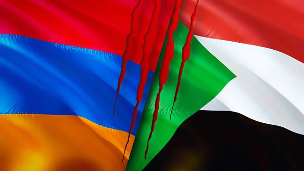 亚美尼亚和苏丹的国旗带有伤疤概念 飘扬的旗帜 3D渲染 亚美尼亚和苏丹冲突概念 亚美尼亚苏丹关系概念 亚美尼亚和苏丹的国旗危机 — 图库照片