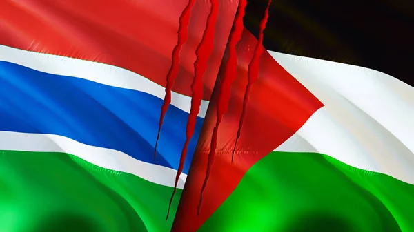Gambia and Palestine flags with scar concept. Waving flag,3D rendering. Gambia and Palestine conflict concept. Gambia Palestine relations concept. flag of Gambia and Palestine crisis,war, attac