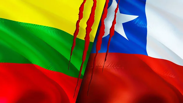 Lithuania and Chile flags with scar concept. Waving flag,3D rendering. Lithuania and Chile conflict concept. Lithuania Chile relations concept. flag of Lithuania and Chile crisis,war, attack concep