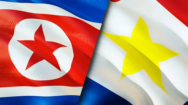 North Korea and Saba Island flags. 3D Waving flag design. North Korea Saba Island flag, picture, wallpaper. North Korea vs Saba Island image,3D rendering. North Korea Saba Island relations allianc