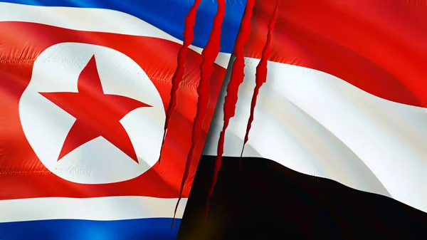 Severní Korea Jemen Vlajky Koncepcí Jizvy Vlnění Vlajky Vykreslování Koncept — Stock fotografie
