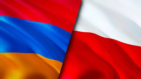 Armenia and Poland flags. 3D Waving flag design. Armenia Poland flag, picture, wallpaper. Armenia vs Poland image,3D rendering. Armenia Poland relations alliance and Trade,travel,tourism concep