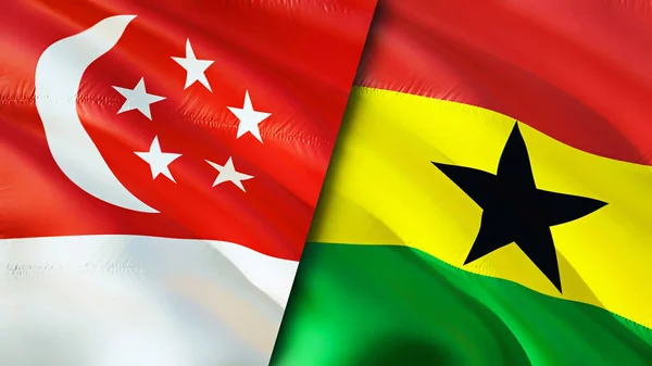 新加坡和加纳的国旗 3D波浪旗帜设计 新加坡加纳国旗 新加坡对加纳图像 3D渲染 新加坡加纳关系联盟与贸易 — 图库照片