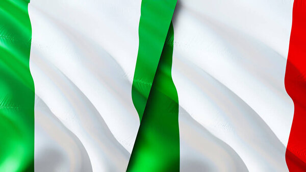 Nigeria and Italy flags. 3D Waving flag design. Nigeria Italy flag, picture, wallpaper. Nigeria vs Italy image,3D rendering. Nigeria Italy relations alliance and Trade,travel,tourism concep