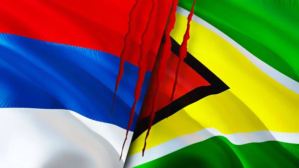 Sırbistan Guyana Yara Izi Kavramına Sahip Dalgalanan Bayrak Boyutlu Görüntüleme — Stok fotoğraf