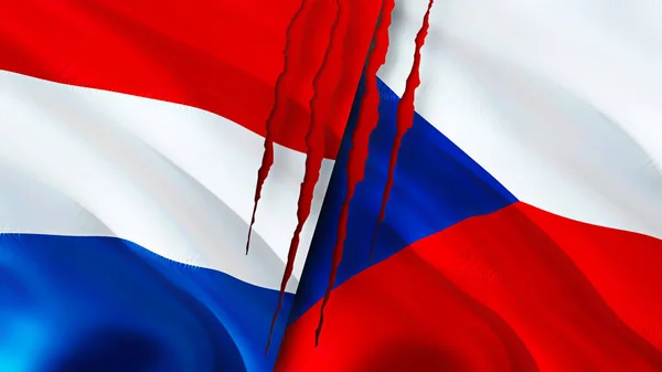 オランダとチェコの国旗には傷の概念がある 旗を振って3Dレンダリング オランダとチェコの紛争の概念 オランダチェコ関係の概念 オランダとチェコの危機戦争攻撃の旗 — ストック写真