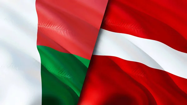 Madagaszkár Lettország Zászlói Integető Zászló Design Madagaszkár Lettország Zászló Kép — Stock Fotó