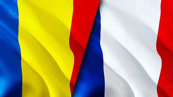 Roemenië Frankrijk Vlaggen Waving Vlag Ontwerp Roemenië Frankrijk Vlag Foto — Stockfoto