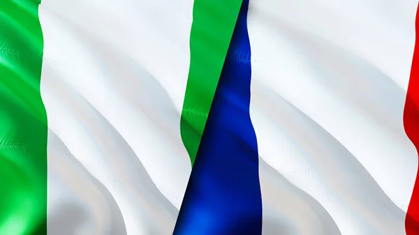 Nigeria and France flags. 3D Waving flag design. Nigeria France flag, picture, wallpaper. Nigeria vs France image,3D rendering. Nigeria France relations alliance and Trade,travel,tourism concep