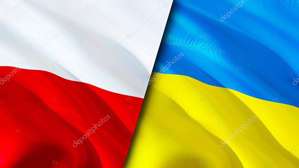 Poland and Ukraine flags. 3D Waving flag design. Poland Ukraine flag, picture, wallpaper. Poland vs Ukraine image,3D rendering. Poland Ukraine relations alliance and Trade,travel,tourism concep