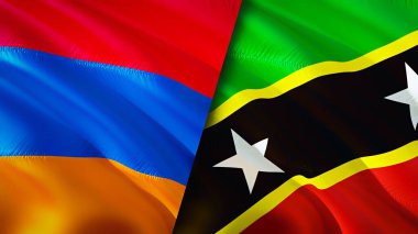 Ermenistan, Saint Kitts ve Nevis bayrakları. 3 boyutlu dalgalanan bayrak tasarımı. Ermenistan Saint Kitts ve Nevis bayrağı, resim, duvar kağıdı. Ermenistan, Saint Kitts ve Nevis 'e karşı, görüntü 3 boyutlu. Ermenistan Azizi