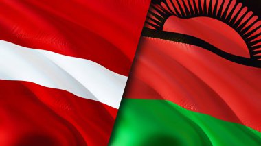 Letonya ve Malavi bayrakları. 3 boyutlu dalgalanan bayrak tasarımı. Letonya Malawi bayrağı, resim, duvar kağıdı. Letonya, Malawi 'ye karşı, görüntü 3 boyutlu. Letonya Malawi ilişkileri ittifak ve ticaret, seyahat, turizm konsepti