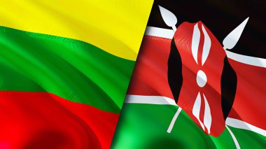 Litvanya ve Kenya bayrakları. 3 boyutlu dalgalanan bayrak tasarımı. Litvanya Kenya bayrağı, resim, duvar kağıdı. Litvanya, Kenya imajına karşı, 3 boyutlu canlandırma. Litvanya Kenya ilişkileri ittifak ve ticaret, seyahat, turizm konsepti