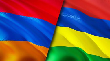Ermenistan ve Mauritius bayrakları. 3 boyutlu dalgalanan bayrak tasarımı. Ermenistan Mauritius bayrağı, resim, duvar kağıdı. Ermenistan, Mauritius 'a karşı, görüntü 3 boyutlu. Ermenistan Mauritius ilişkileri ve