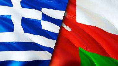 Yunanistan ve Umman bayrakları. 3 boyutlu dalgalanan bayrak tasarımı. Yunanistan Umman bayrağı, resim, duvar kağıdı. Yunanistan, Umman 'a karşı, görüntü 3 boyutlu. Yunanistan Umman ilişkileri ittifak ve ticaret, seyahat ve turizm danışmanı