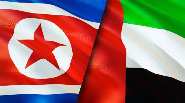 Kuzey Kore ve Birleşik Arap Emirlikleri bayrakları. 3 boyutlu dalgalanan bayrak tasarımı. Kuzey Kore Birleşik Arap Emirlikleri bayrağı, resim, duvar kağıdı. Kuzey Kore, Birleşik Arap Emirlikleri 'ne karşı, görüntü 3 boyutlu. Kuzey Kore