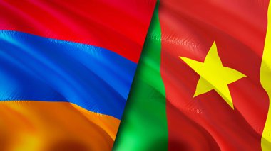 Ermenistan ve Kamerun bayrakları. 3 boyutlu dalgalanan bayrak tasarımı. Ermenistan Kamerun bayrağı, resim, duvar kağıdı. Ermenistan, Kamerun görüntüsüne karşı, 3D görüntüleme. Ermenistan Kamerun ilişkileri ve